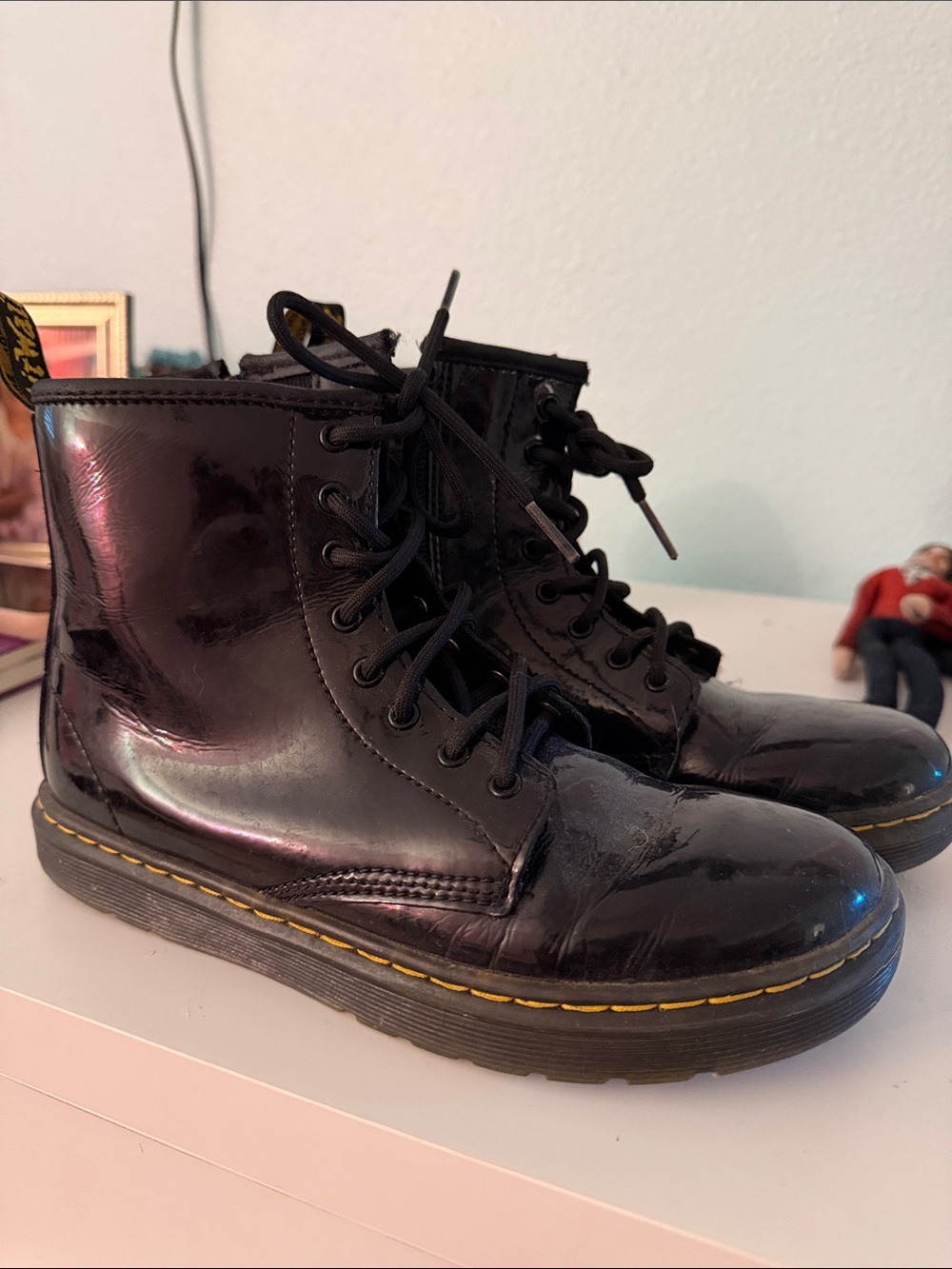 Dr. Martens Black Patent Leather Kids Lace-Up Boots with Yellow Stitching